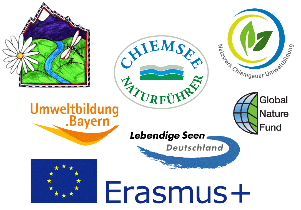 Logos unserer Partner - Chiemsee Naturführer, Netzwerk Chiemgauer Umweltbildung, Umweltbildung Bayern, Lebendinge Seen Deutschland, Global Nature Fund, Erasmus +